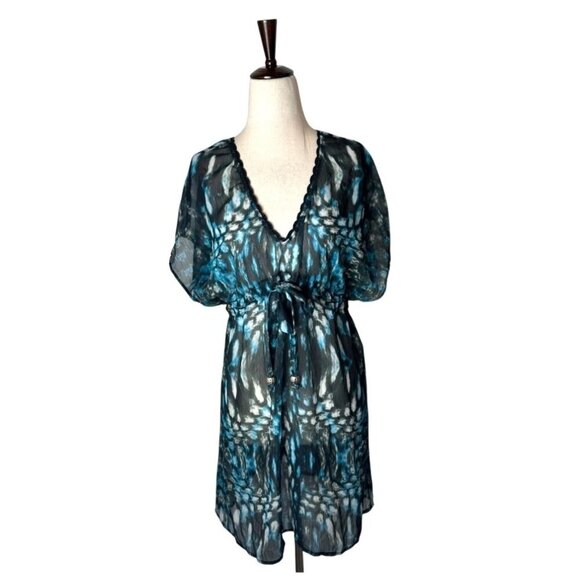 Becca‎ Coverup Women Medium Blue Black Geometric Tie Waist Dress Swimwear Beach - Picture 1 of 11